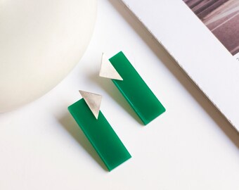 Bauhaus Statement Earrings, Green Abstract Architectural Studs, 80s Personalized Jewelry, Unusual Gift for Her
