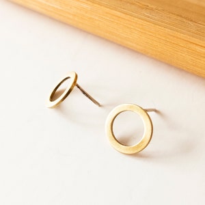 Small front circle hoop earrings, Tiny brass earrings for women, Minimalist contemporary jewelry, Unusual gift for her, Handmade accessory image 4
