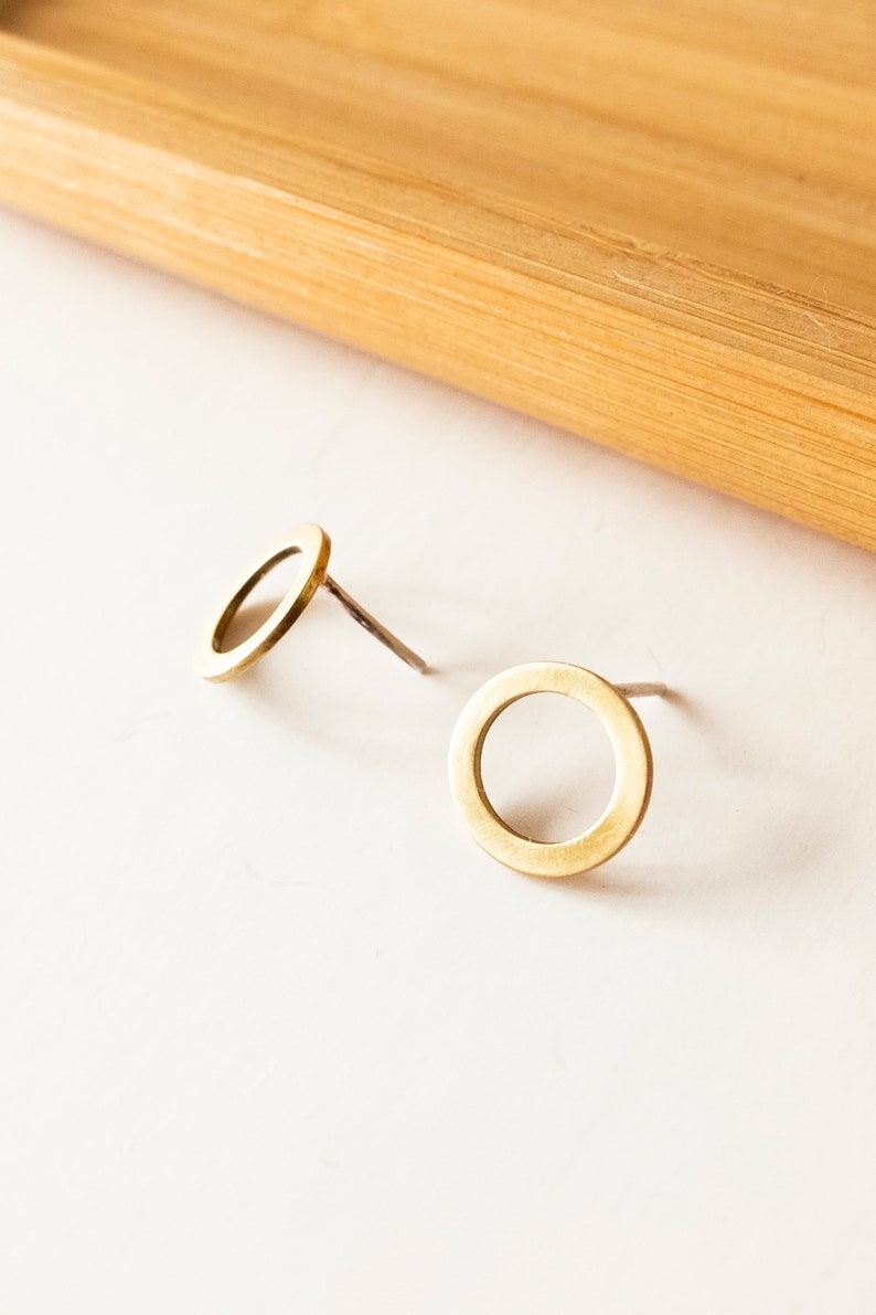 Small front circle hoop earrings, Tiny brass earrings for women, Minimalist contemporary jewelry, Unusual gift for her, Handmade accessory image 4