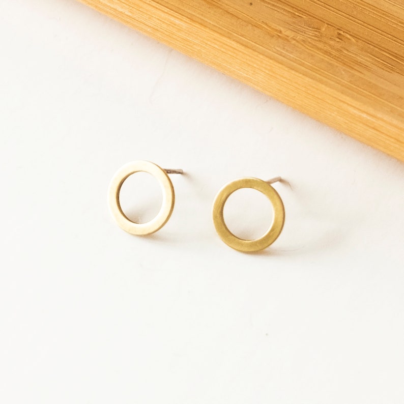 Small front circle hoop earrings, Tiny brass earrings for women, Minimalist contemporary jewelry, Unusual gift for her, Handmade accessory image 7