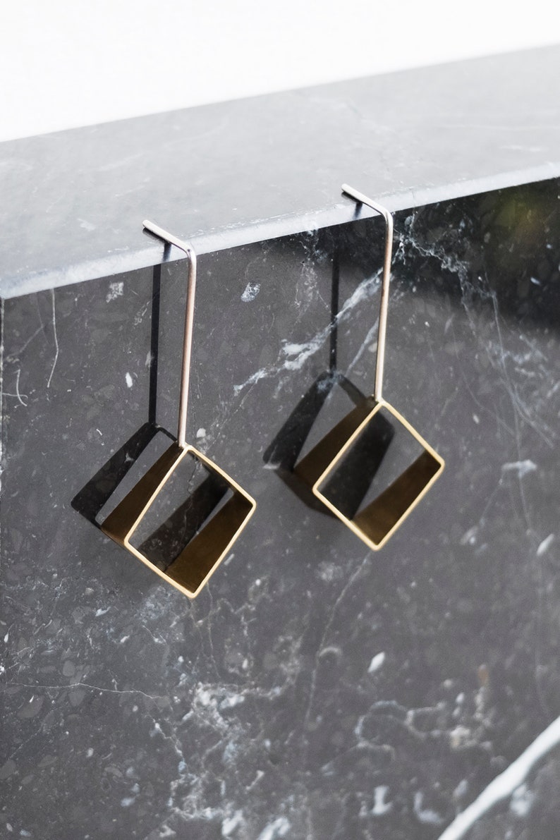 Geometric Threader Earrings Long Square Gold Brass Earrings Etsy