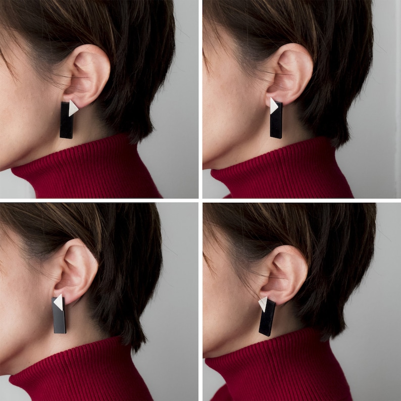 Puede incluir: Cuatro primeros planos de una persona que lleva pendientes geom&eacute;tricos en blanco y negro. La persona lleva un jersey de cuello alto rojo.
