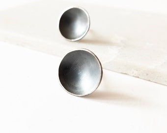 Black oxidized silver circle stud earrings, Small domed disc earrings, Modern Contemporary jewelry, Dark gothic unusual gift for her