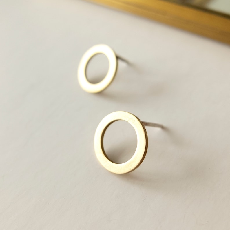 Small front circle hoop earrings, Tiny brass earrings for women, Minimalist contemporary jewelry, Unusual gift for her, Handmade accessory image 1