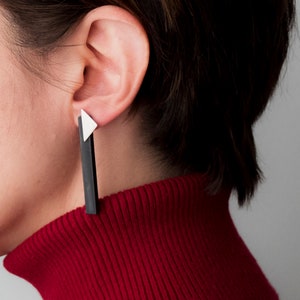 Black long earrings, Asymmetric silver triangle and acrylic rectangle, Personalized geometric earrings, Cool plexiglas elegant jewelry image 5