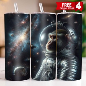 Vaso delgado de 20 oz con diseño de mono astronauta (Png), vaso de 20 oz con diseño de mono astronauta (Png), vaso recto y cónico con diseño de mono astronauta.