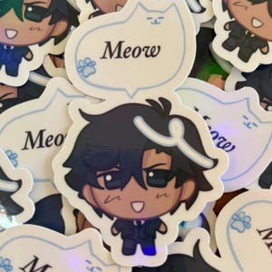 May include: A collection of stickers featuring a cartoon character with black hair and a suit. The character is surrounded by speech bubbles that say "Meow" in a playful font. The stickers have a holographic finish.