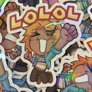 May include: A sticker featuring a cartoon character with orange hair and brown skin, jumping with excitement. The character wears a blue jacket, striped shirt, and brown pants. The word "LOLOL" is written in large, yellow letters above the character.