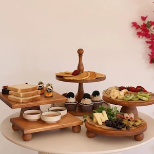Prato de madeira de dois níveis | Bandeja de servir | Conjunto de pratos de madeira | Suporte para bolo de madeira | Prato de servir frutas | Conjunto de pratos artesanais | Presente de Natal
