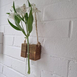 Upcycled Wood Wall Hanging Planter With Glass Tube -Wooden Wall Mounted Flower Vase For Indoor Plants, Home Decor - Perfect For Living Room
