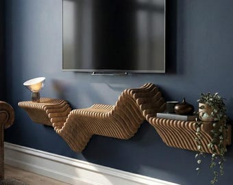 Moderne houten wandplank: golvend zwevend tv-meubel | Parametrische displayplank
