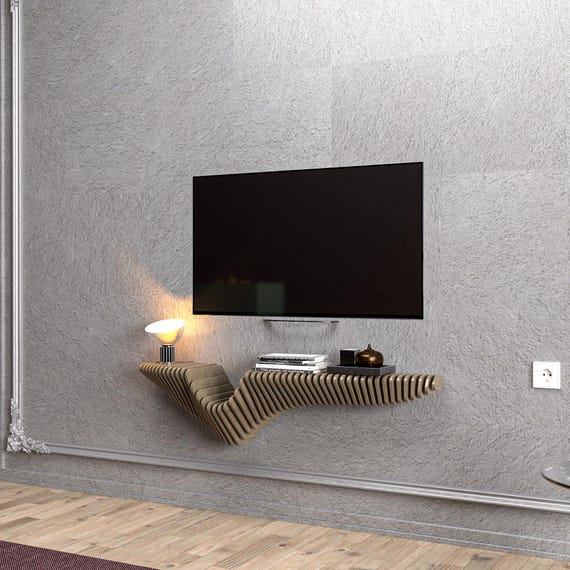 Modern Pine Wood TV Unit: Wavy Wall Shelf, MDF Console
