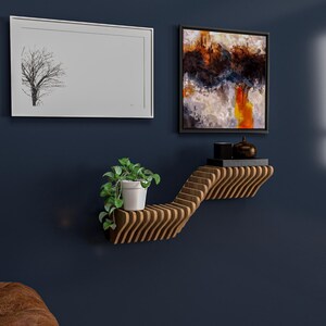 Mensola da parete moderna parametrica: supporto TV sospeso in MDF, legno naturale immagine 10