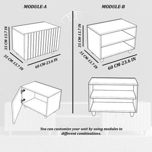 May include: Diagram of modular furniture units, labeled Module A and Module B. Module A features a cabinet with vertical slats, while Module B has open shelves. Both are 60 inches long, 13.7 inches high, and 13.7 inches deep. Text: "You can customize your unit by using modules in different combinations."