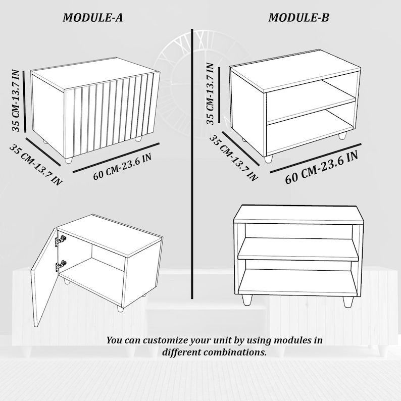 May include: Diagram of modular furniture units, labeled Module A and Module B. Module A features a cabinet with vertical slats, while Module B has open shelves. Both are 60 inches long, 13.7 inches high, and 13.7 inches deep. Text: "You can customize your unit by using modules in different combinations."