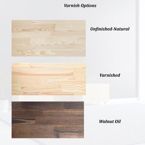 May include: Image showcasing three wood samples with different finishes. The top sample is light-colored and labeled "Unfinished-Natural." The middle sample is a warmer tone, marked "Varnished." The bottom sample is dark brown, labeled "Walnut Oil."