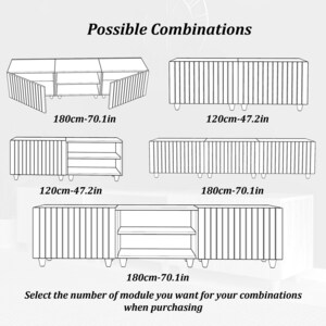 May include: Line drawings of modular furniture arrangements. The image shows various combinations of cabinets, with measurements in both centimeters and inches. Text at the top reads "Possible Combinations." The bottom text says "Select the number of module you want for your combinations when purchasing."
