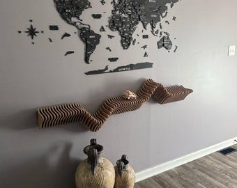 Wavy MDF Wall Shelf: Modern Floating TV Unit, Atlantic Pine Finish, Bespoke Dsiplay Wall Hanging