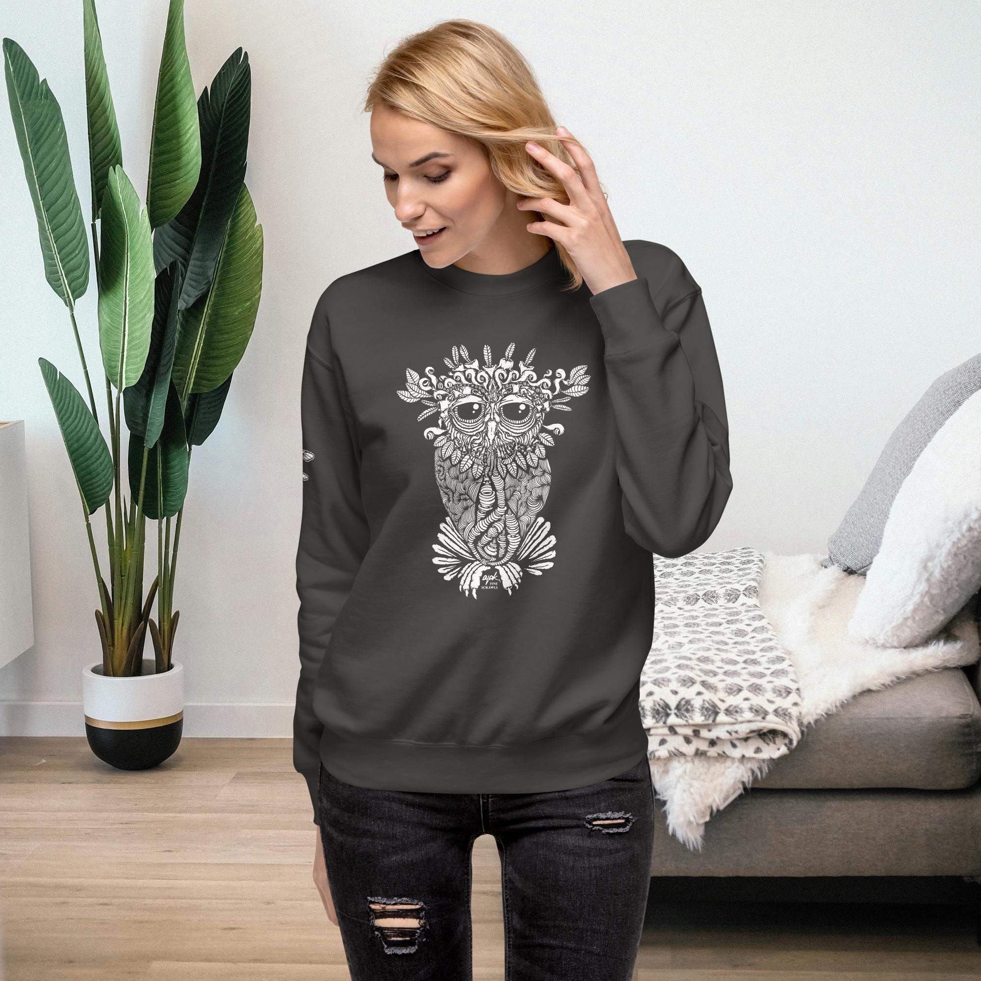 Horned Owl &bull; Tangly Abstract Botanical Bird &bull; Original Art Crew Neck Sweatshirt