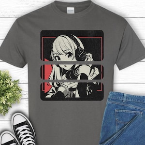 T-shirt graphique manga Anime Girl - Jolie fille manga unisexe avec casque style bande dessinée Manga - T-shirt vintage effet vieilli