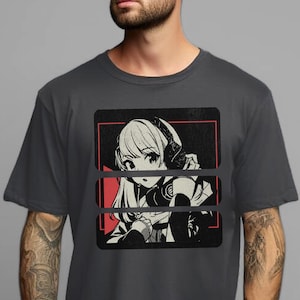 Anime Girl Manga Grafik-T-Shirt - Unisex Süßes Manga Mädchen mit Kopfhörern - Manga animierter Comic-Stil - Distressed Vintage T-Shirt