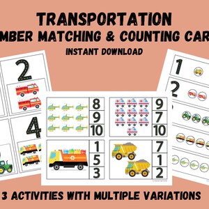 Cars Trucks Number Matching, Printable Transportation Numbers Sorting Activity, Vehicle Counting 1-10, Busy Binder, File Folder, Preschool