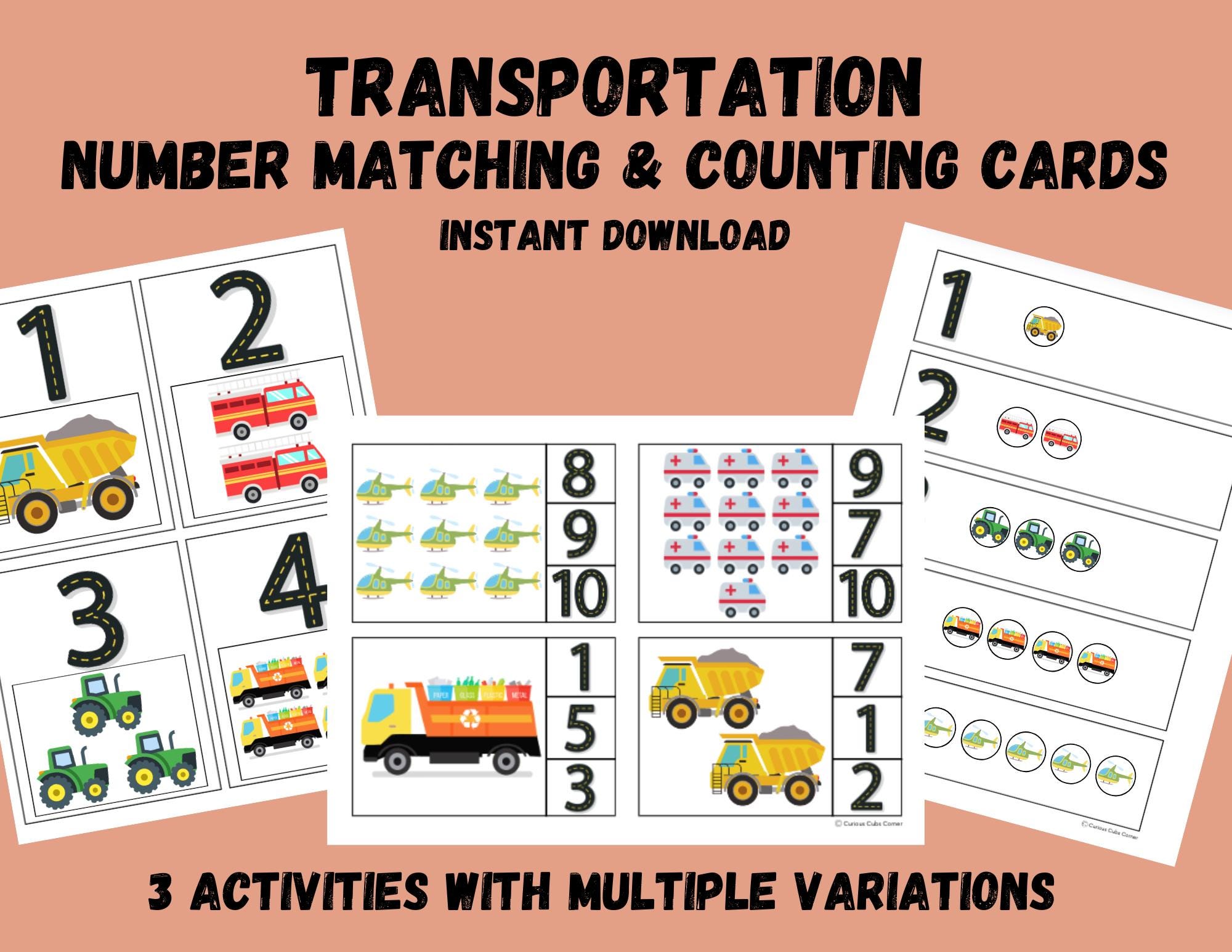 Cars Trucks Number Matching, Printable Transportation Numbers Sorting ...