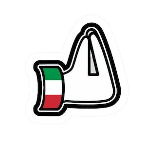 May include: A white sticker depicting a hand gesture with a black outline. The hand is shaped to represent the Italian gesture, with the Italian flag colours of green, white, and red on the wrist.
