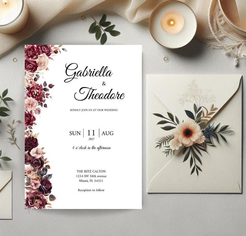 Elegant Burgundy Wedding Invitation Template – Romantic Floral Canva ...