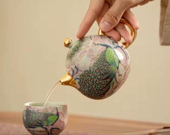 Peacock Dragon Egg Teapot Set, High Tea and Art, Handpainted Fine China Party Supply, Infuser, Teapot 2 Cups, Printed Gift Box, Travel Size