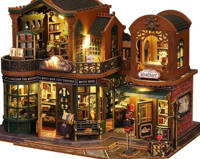 DIY Book Nook, Winter Twilight Town, 3D Kit, Puzzle, Entire Neighborhood, Lights, Optional Music Box and Dust Cover, Moveable Pieces