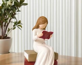 Love the Book Figurine, Young Woman, Resin, Table Desk Decor, 5x3.4 inches, Statue with Base, Literary or Scripture Enthusiast, Gift Teacher