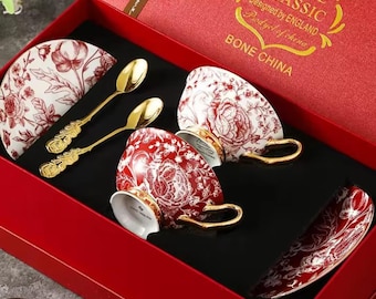 Bone China Tea Set, Roses, High Tea and Art, Fine China Party Supply, Cup Saucer Spoon, Gift Box, Floral Delicate Tableware, Valentine Day