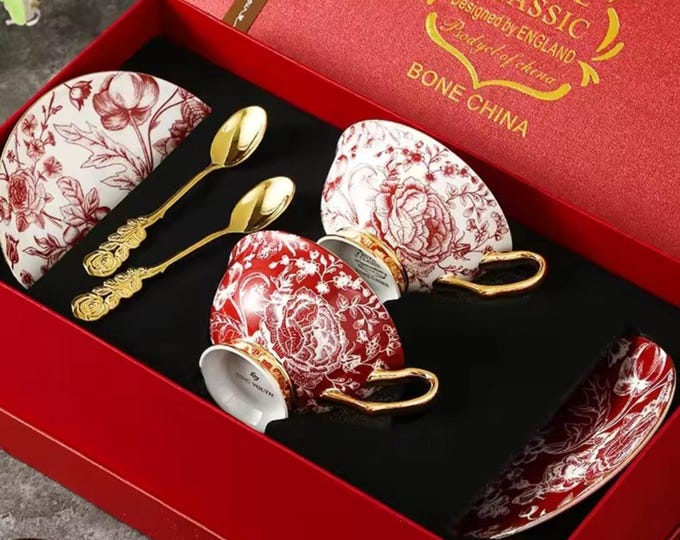 Bone China Tea Set, Roses, High Tea and Art, Fine China Party Supply, Cup Saucer Spoon, Gift Box, Floral Delicate Tableware, Valentine Day