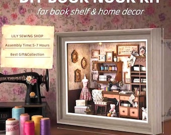 3D Minature Sewing Shop Kit, Book Nook or Wall Art, USB Light, Wooden Replica Tailor Shop, Adult or Teen, Gift Love of Fabric Arts, Vintage
