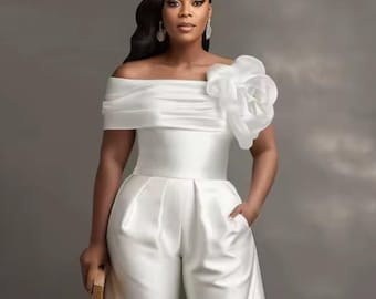 Jumpsuit, Customized Plus Size Formal Wear, White Elegance, Off The Shoulder, Rose Design, Pockets, Satin Blend, Cocktail Party, Sexy Ladies