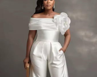 Jumpsuit, Customized Plus Size Formal Wear, White Elegance, Off The Shoulder, Rose Design, Pockets, Satin Blend, Cocktail Party, Sexy Ladies