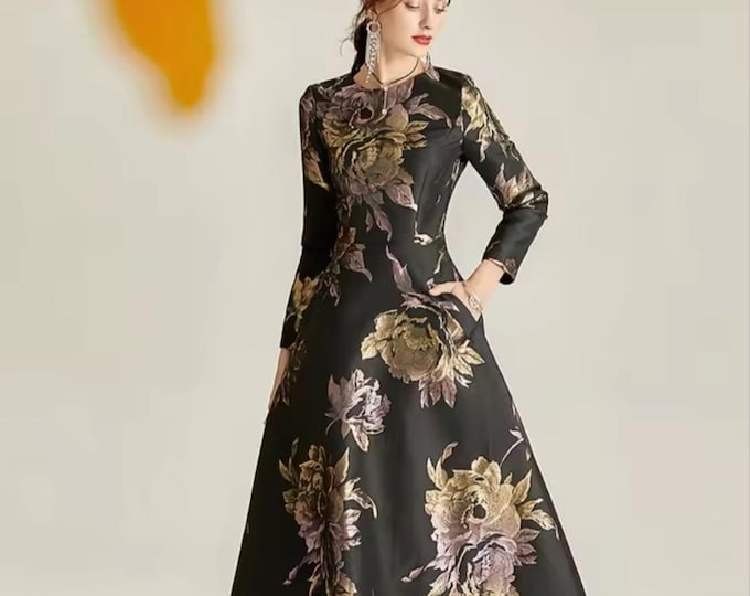 Dress, Jacquard Long Maxi, Floral Design on Black, Pockets, A-Line, Fully Lined, Festive Evening Gown, Holiday Party Dress