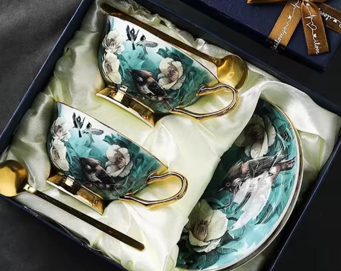 Bone China English Tea Set, Holiday Party Supply, Blue Motif, Birds and Blossoms, Cups Saucers Spoon, 2 size options, Gold Rim, Gift Box