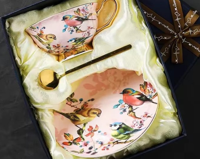 Bone China English Tea Set, Birds and Blossoms, Luxury Party Supply, Cups Saucers Spoon, Gift Box, Rose Gold Table Settings