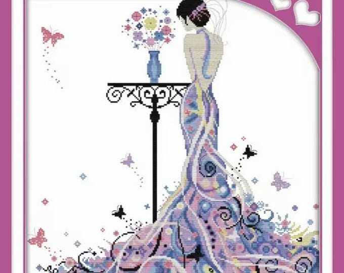 Madam Butterfly Embroidery Kit, Cross-stitch 11CT, LARGE Canvas Printed or Unprinted, Learn a New Craft