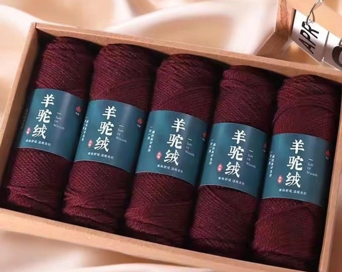 5 Sets Cashmere Alpaca Wool Yarn in Box, Burgundy, Crochet, Medium Thick, High Grade Handwoven, 500 grams Bundle, DIY Stocking Stuffer