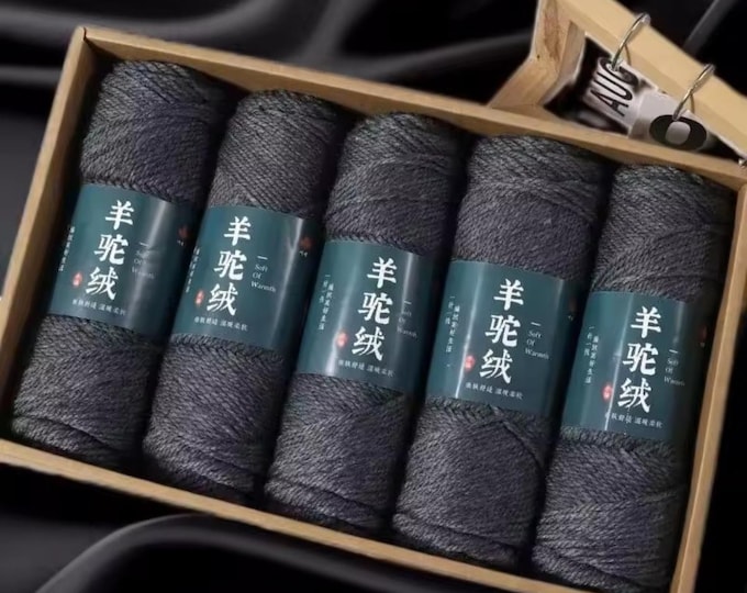 5 Sets Cashmere Alpaca Wool Yarn in Box, Mid Grey, Crochet, Medium Thick, High Grade Handwoven, 500 grams Bundle, DIY Stocking Stuffer