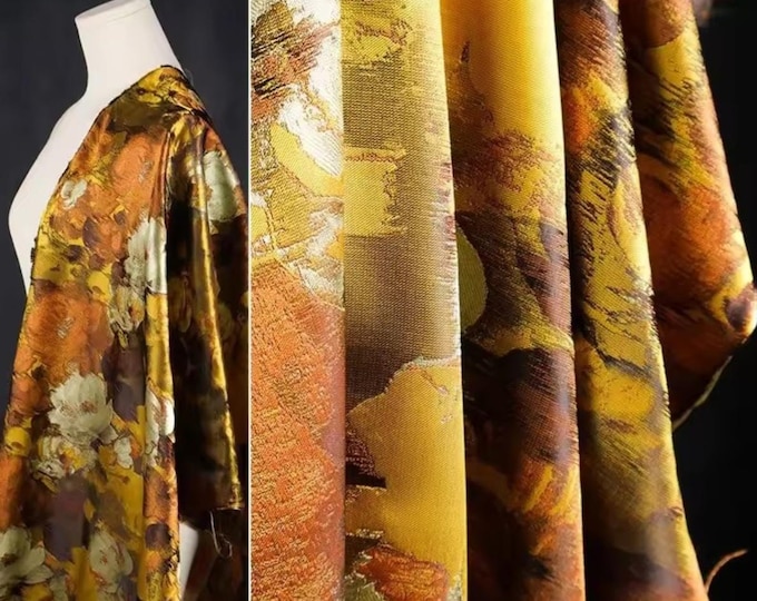 Fabric, Tumeric Jacquard, Peony Flower Oil Painting, Clothing, Upholstery Pillows Curtains, Collages, Crafts, 170 cm Wide, Sold By The Meter