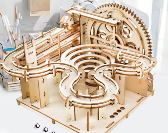 3D Wooden Puzzle, Mechanical Model Build Kit, Assemble Toy Marble Run, 4 Balls, Adult or Child, Craft and STEM Skills, Family Bonding, Play