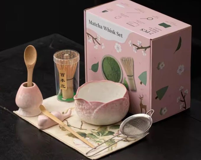 8 PCS Matcha Tea Kit, Crystal Ice Flower Pattern, Full Set, Rose White Tones, Bamboo Brush, Art Towel, Box, Party Supply, Valentine Day Gift