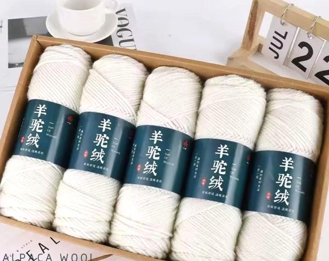 5 Sets Cashmere Alpaca Wool Yarn in Box, Winter White, Crochet, Medium Thick, High Grade Handwoven, 500 grams Bundle, DIY Stocking Stuffer
