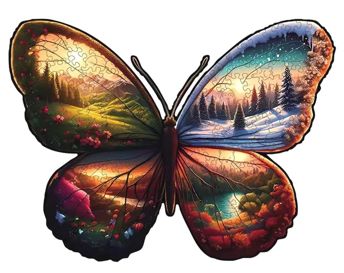Wooden Jigsaw Puzzle, Unique Butterfly Shape, 5mm Thick, All 4 Seasons Holiday Party Fun, Nature Lovers, Preserve as Decor