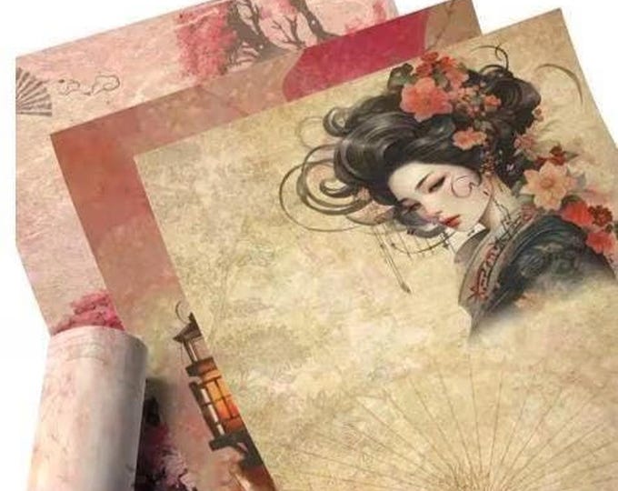 Classical Japanese Rice Paper, Ladies of the Village, Rose Tones, Scrapbook, Junk Journal, Decoupage, Cards or Planner, Gift Wrap, 8 pieces