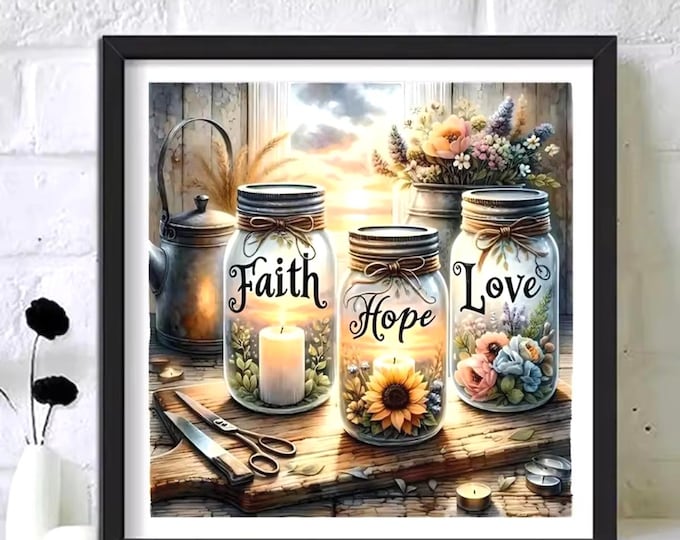 DIY Diamond Paint Kit, Faith Hope Love, Round Drill, 3 sizes, DMC Colors, Beaded Mosaic, Gift or Home Decor, Family-friendly Thanksgiving